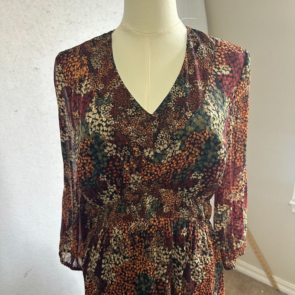 Frye‎ dress Small Maxi brown red Floral Print  3/4 Sleeve Boho Western metallic
